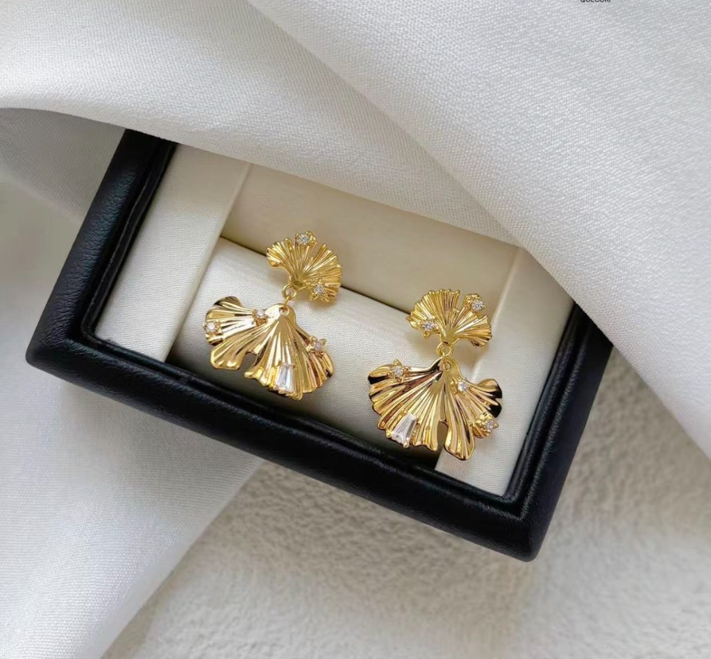 Gold Ginkgo Leaf Crystal Earrings