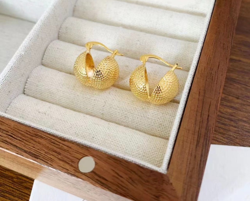Gold Textured Puff Hoop Earrings