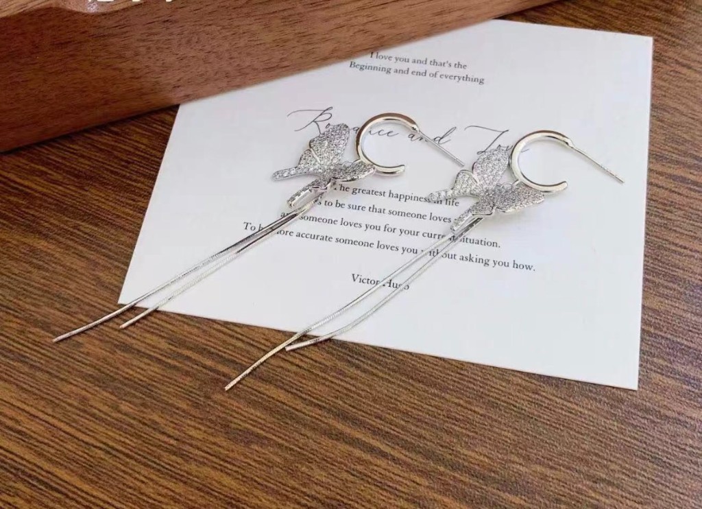 Silver Butterfly Tassel Drop Earrings
